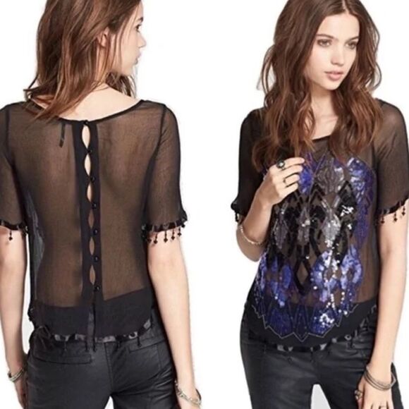 Free People Sheer Sequin Beaded Festival Top Black Blue Size S - Picture 1 of 9
